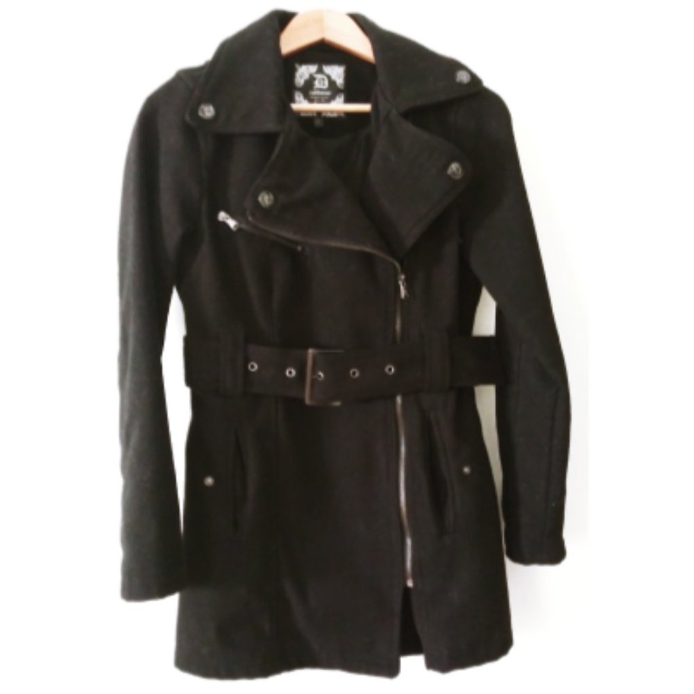 Belted Asymmetric Zipper Black Pea Coat